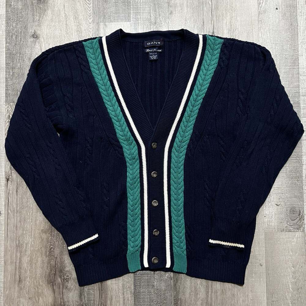 VTG Gant Hand Framed Cable Knit Cardigan Sweater Blue/Teal 5 Button Preppy Sz L